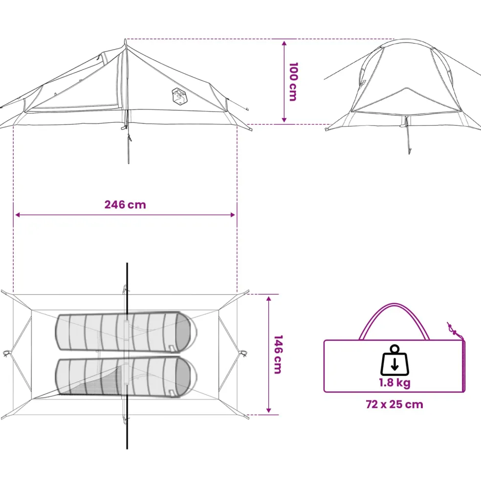 vidaXL Backpacking Tent 2-persoons Groen 185T Polyester met PU Coating