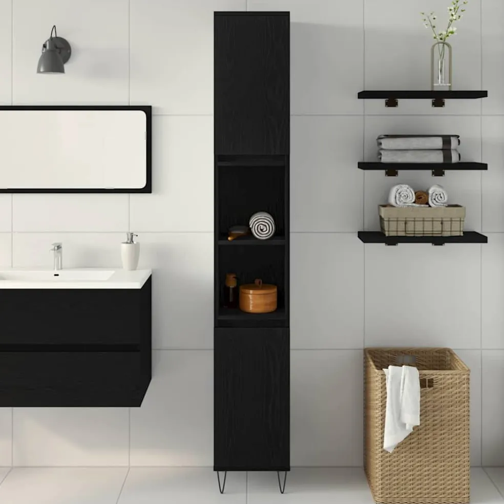 vidaXL Badkamer Kast Zwart Eiken 30 x 30 x 190 cm Bewerkt hout