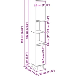vidaXL Badkamer Kast Zwart Eiken 30 x 30 x 190 cm Bewerkt hout