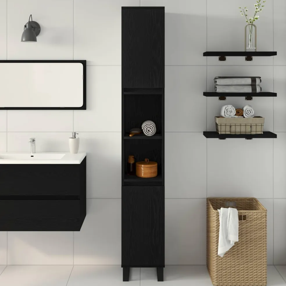 vidaXL Badkamer Kast Zwart Eiken 30 x 30 x 190 cm Bewerkt hout