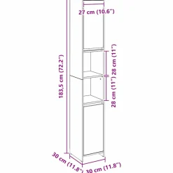 vidaXL Badkamer Kast Zwart Eiken 30 x 30 x 183,5 cm Bewerkt hout