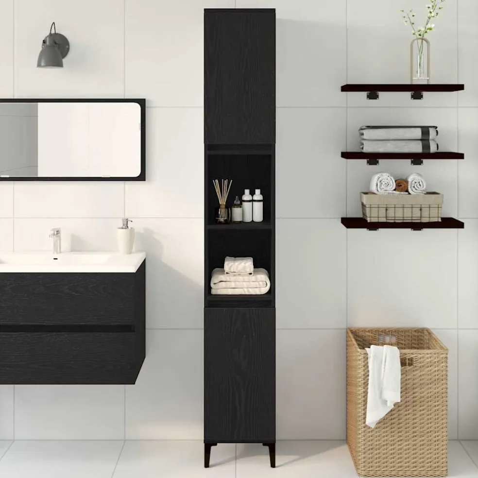 vidaXL Badkamer Kast Zwart Eiken 30 x 30 x 190 cm Bewerkt hout