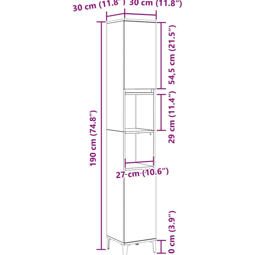 vidaXL Badkamer Kast Zwart Eiken 30 x 30 x 190 cm Bewerkt hout