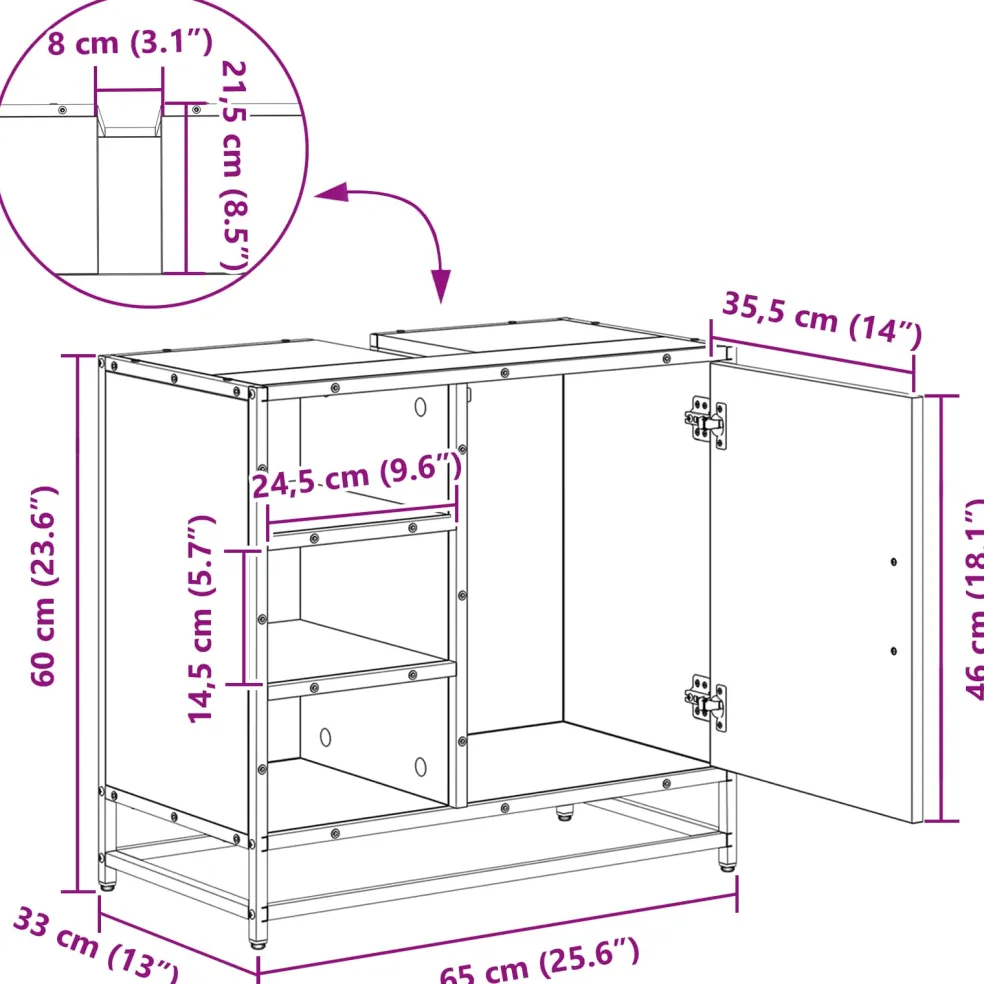 vidaXL Badkamerkast Zwart Eiken 65 x 33 x 60 cm Bewerkt hout