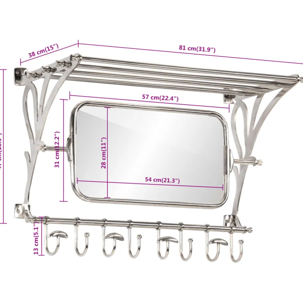 vidaXL Bagagerek met kleerhangers en spiegel wandmontage aluminium