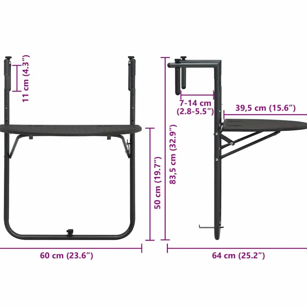 vidaXL Balkontafel hangend 60x64x83,5 cm rattan-look kunststof bruin