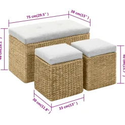 vidaXL Bankje met 2 poefs zeegras grijs