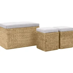 vidaXL Bankje met 2 poefs zeegras grijs