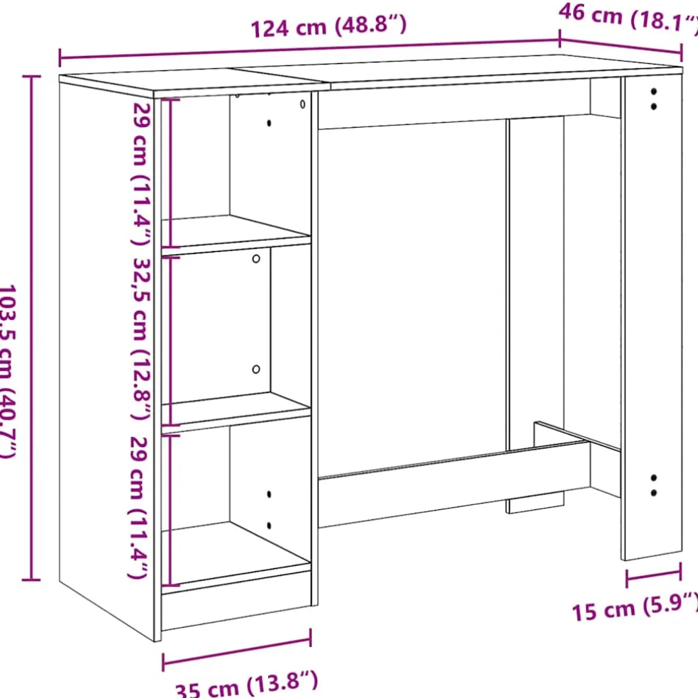 vidaXL Bartafel 124 x 46 x 103.5 cm Bewerkt hout Zwart Eiken