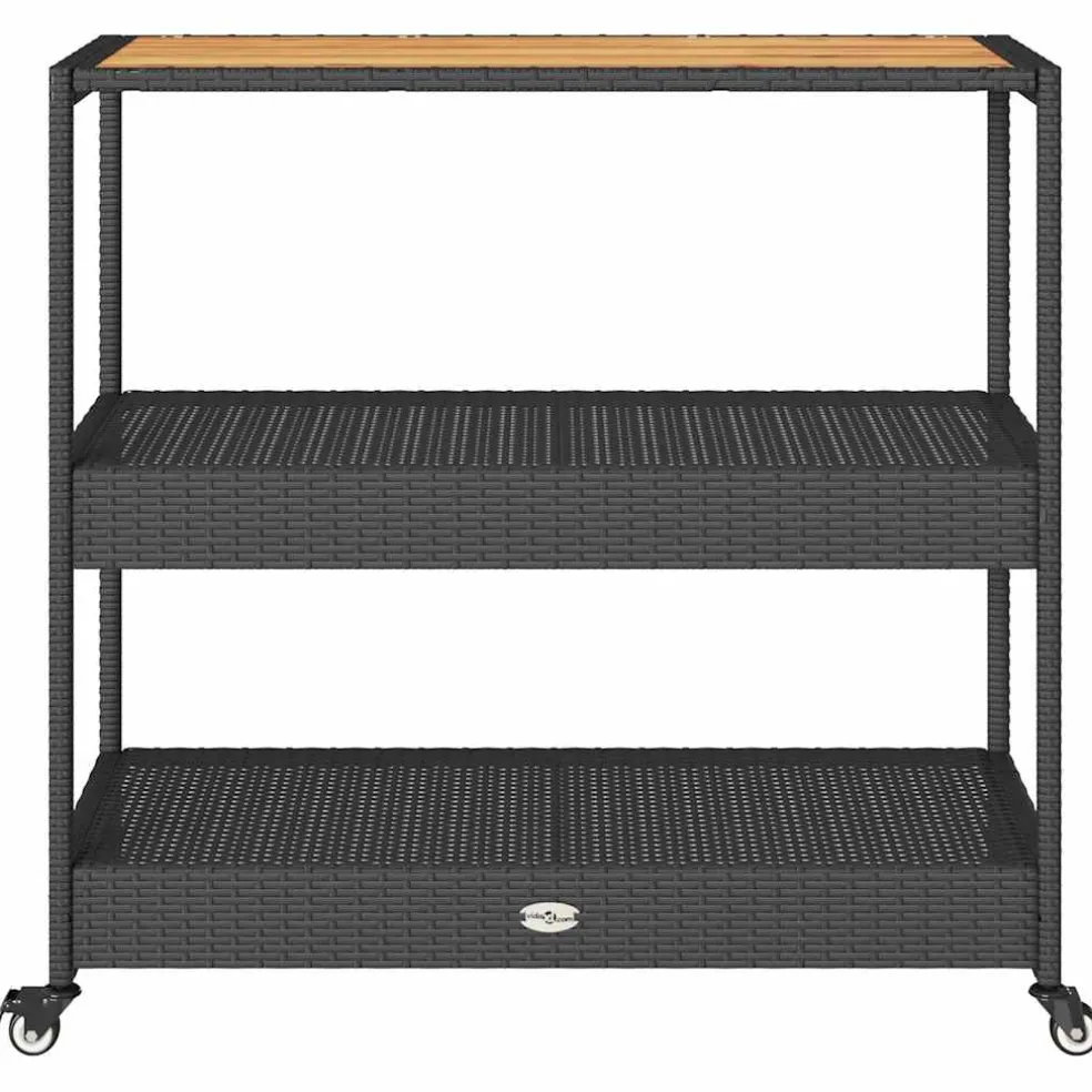 vidaXL Bartrolley 3-laags poly rattan en massief acaciahout zwart
