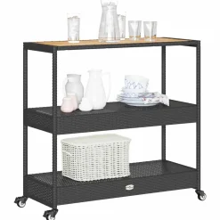 vidaXL Bartrolley 3-laags poly rattan en massief acaciahout zwart
