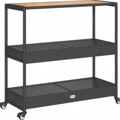 vidaXL Bartrolley 3-laags poly rattan en massief acaciahout zwart