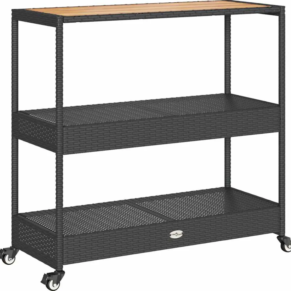 vidaXL Bartrolley 3-laags poly rattan en massief acaciahout zwart