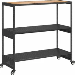 vidaXL Bartrolley 3-laags poly rattan en massief acaciahout zwart