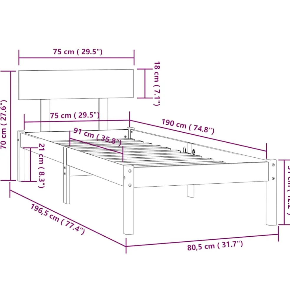 vidaXL Bedframe massief hout wit 75x190 cm