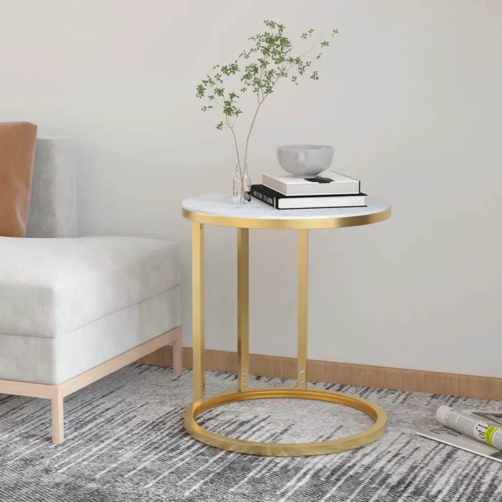 vidaXL Bijzettafel 45 cm gehard glas goudkleurig en witmarmer