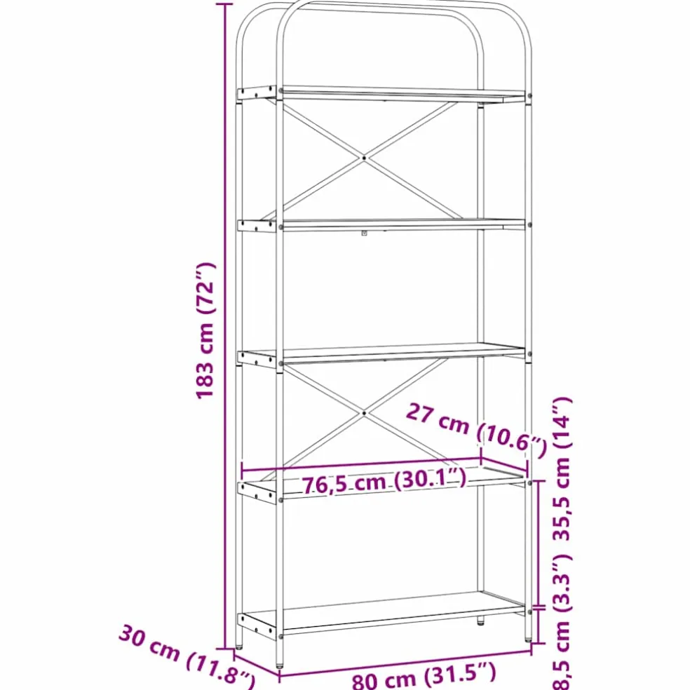 vidaXL Boekenkast 5-laags 80 x 30 x 183 cm Bewerkt hout Oudhout