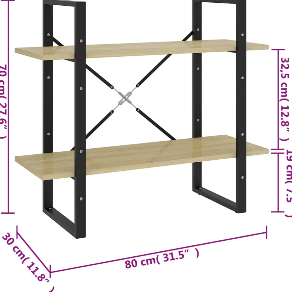 vidaXL Boekenkast met 2 schappen 80x30x70 cm bewerkt hout sonoma eiken