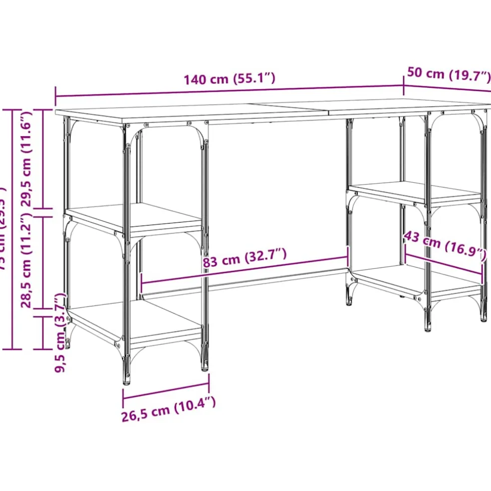 vidaXL Bureau Artisan Eiken Bewerkt hout 140 x 50 x 75 cm