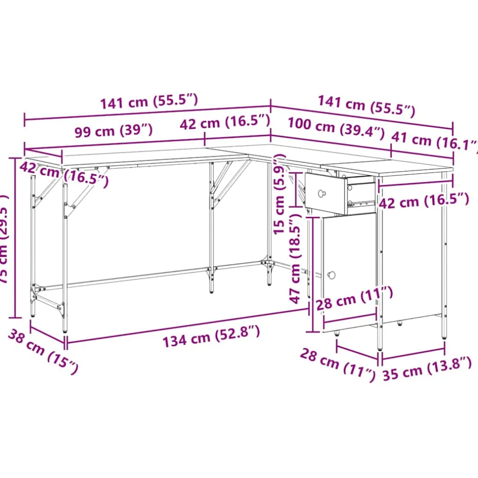 vidaXL Bureau Artisan Eiken Bewerkt hout 141 x 141 x 75 cm