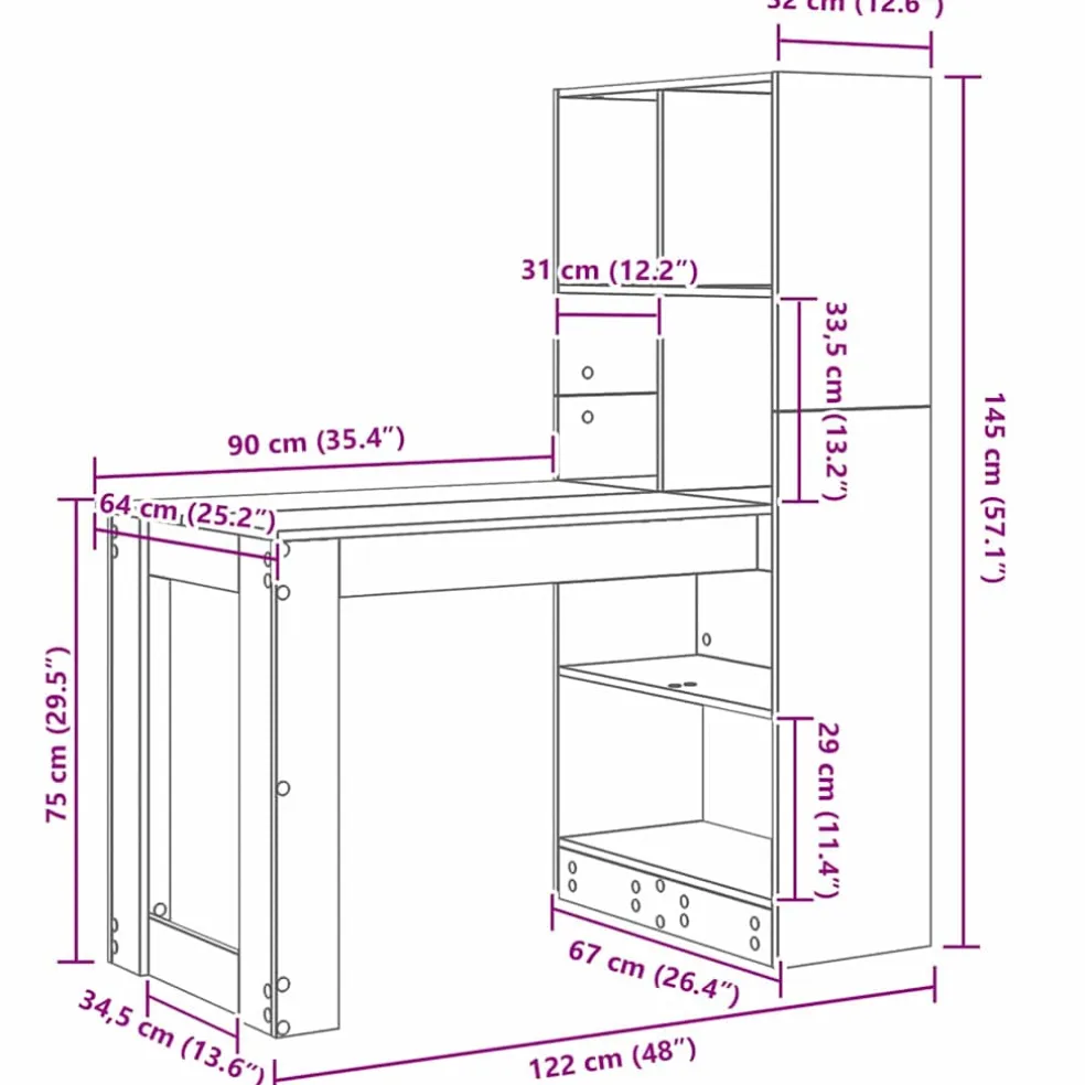 vidaXL Bureau Gerookt eiken Bewerkt hout 122 x 67 x 145 cm