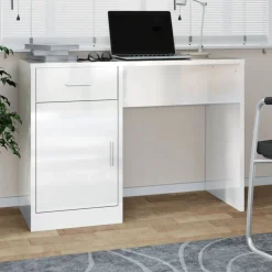 vidaXL Bureau met kast en lade 100x40x73 cm bewerkt hout hoogglans wit