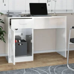 vidaXL Bureau met kast en lade 100x40x73 cm bewerkt hout hoogglans wit