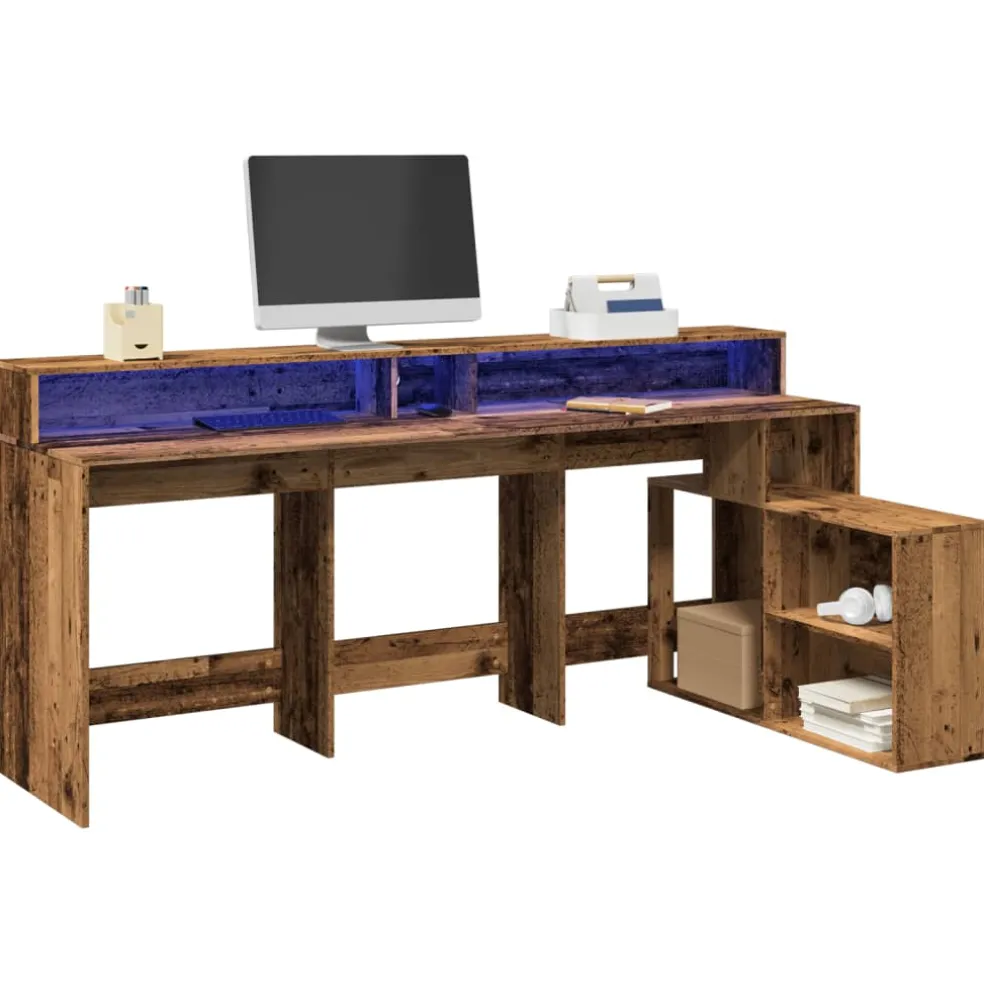 vidaXL Bureau met LED-verlichting 200x104x91 cm bewerkt hout oud hout