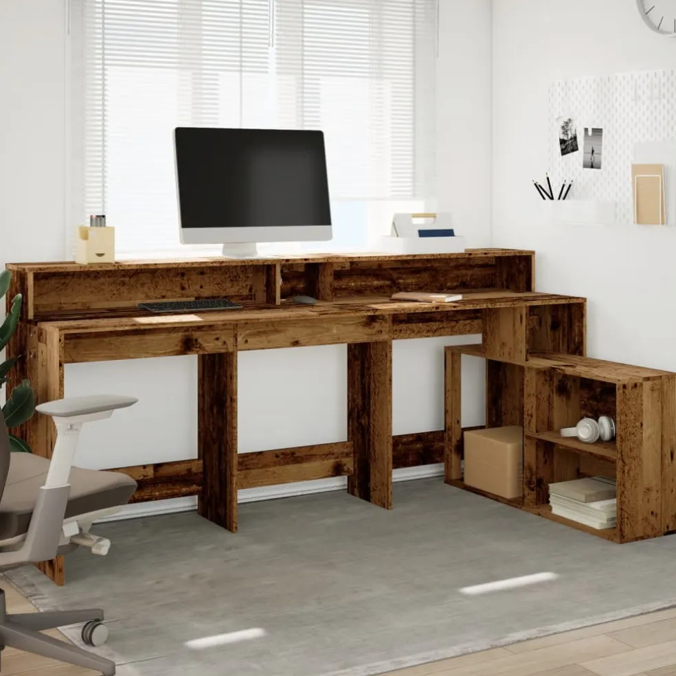 vidaXL Bureau met LED-verlichting 200x104x91 cm bewerkt hout oud hout