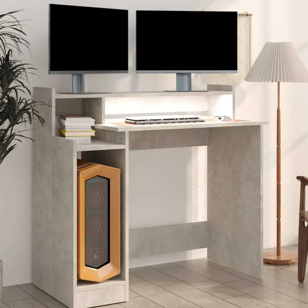 vidaXL Bureau met LED-verlichting 97x45x90 cm bewerkt hout betongrijs