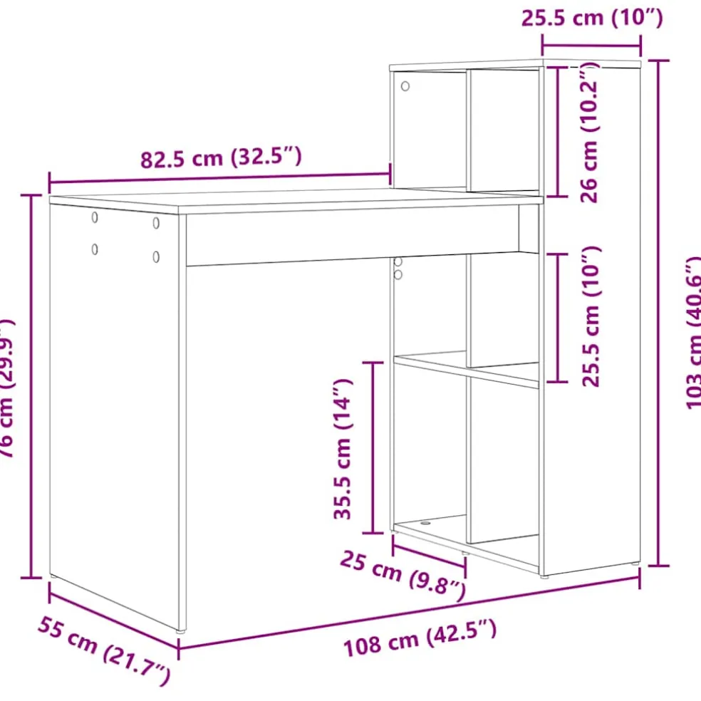vidaXL Bureau Sonoma Eiken Bewerkt hout 108 x 55 x 103.5 cm