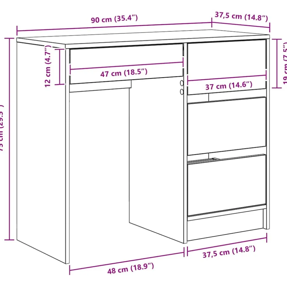 vidaXL Bureau Sonoma Eiken Bewerkt hout 90 x 37,5 x 75 cm