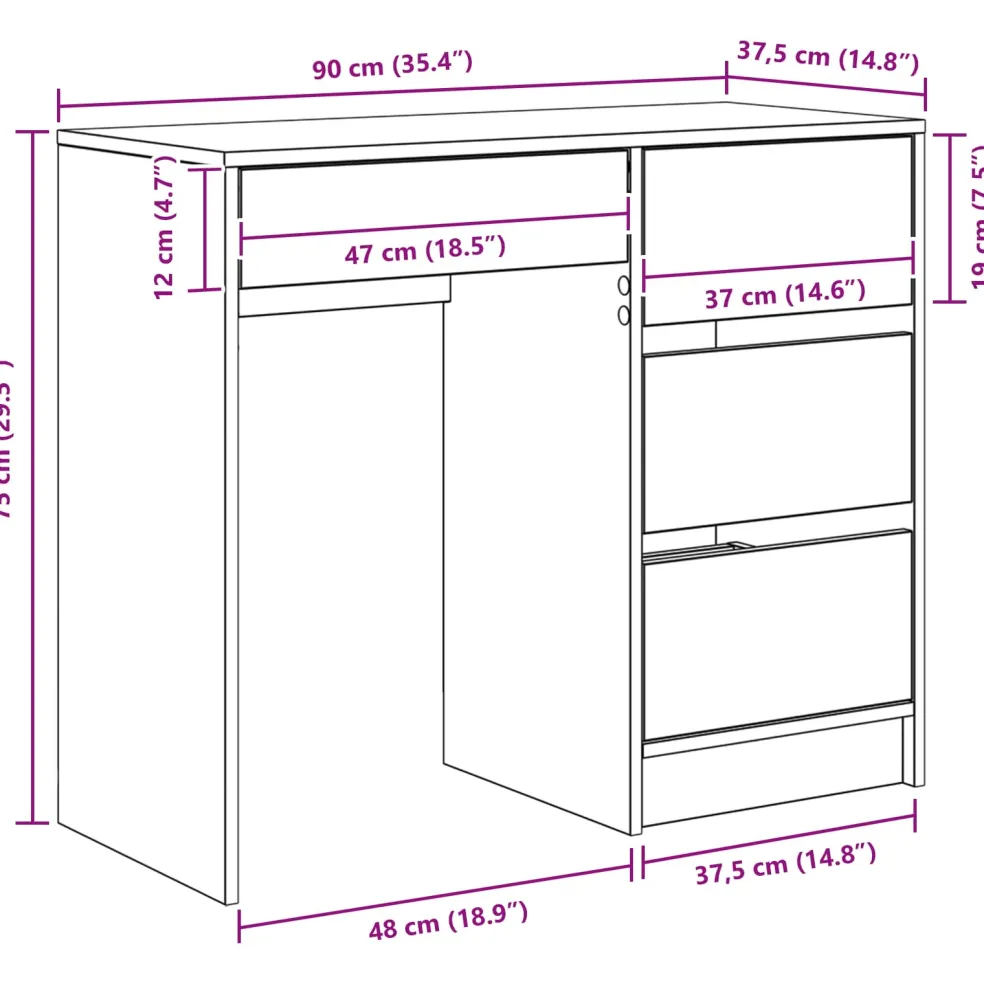 vidaXL Bureau Wit Bewerkt hout 90 x 37,5 x 75 cm