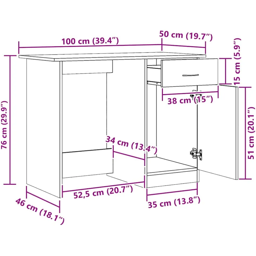 vidaXL Bureau 100x50x76 cm bewerkt hout artisanaal eikenkleur