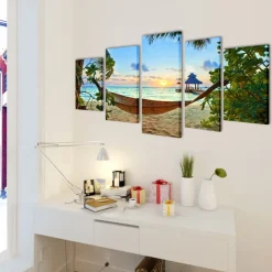 vidaXL Canvas muurdruk set zandstrand met hangmat 100 x 50 cm