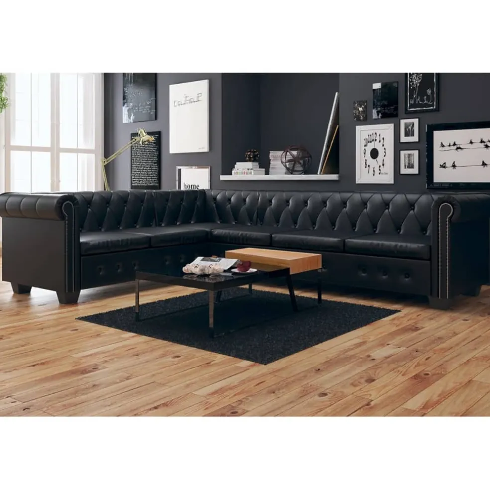vidaXL Chesterfield hoekbank 6-zits kunstleer zwart