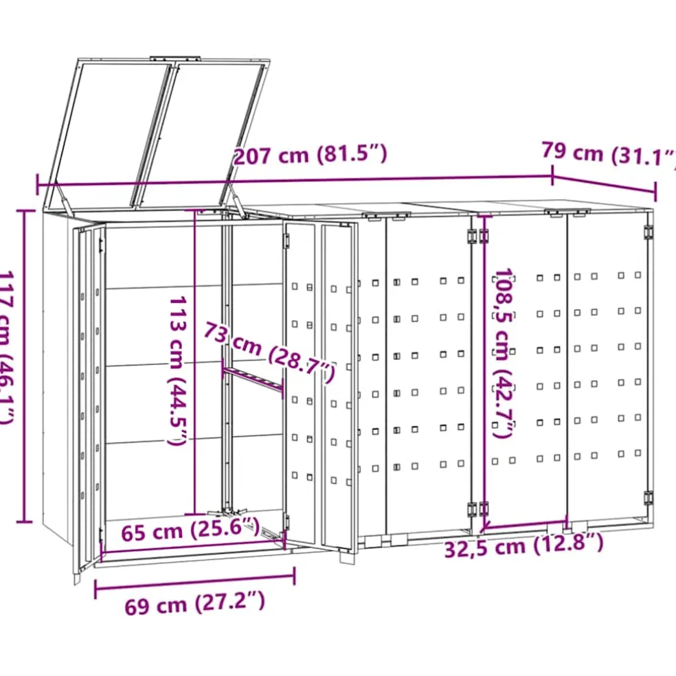 vidaXL Containerberging voor 3 containers 207x79x117 cm staal zwart