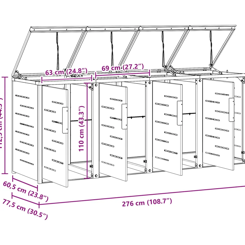 vidaXL Containerombouw for 4 Bins 240L Roestvrij staal Grijs