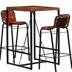 vidaXL 3-delige Barset massief gerecycled hout en echt geitenleer