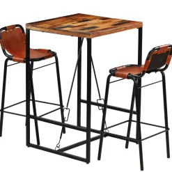 vidaXL 3-delige Barset massief gerecycled hout en echt geitenleer