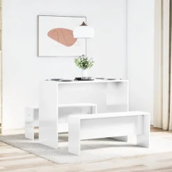 vidaXL 3-delige Eettafel en bankenset bewerkt hout hoogglans wit
