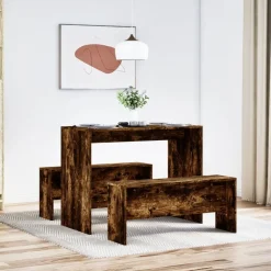 vidaXL 3-delige Eettafel en bankenset bewerkt hout gerookt eikenkleur