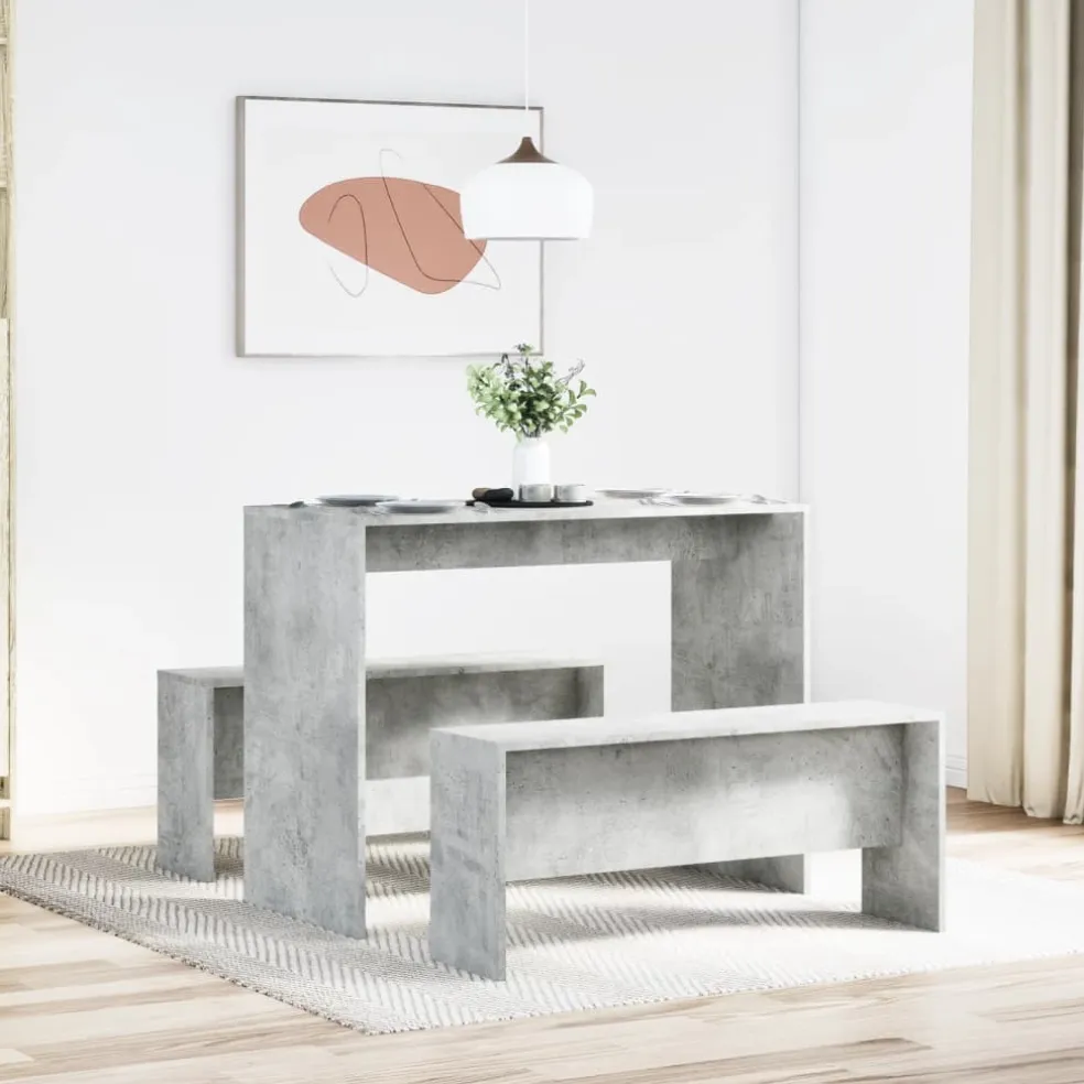 vidaXL 3-delige Eettafel en bankenset bewerkt hout betongrijs