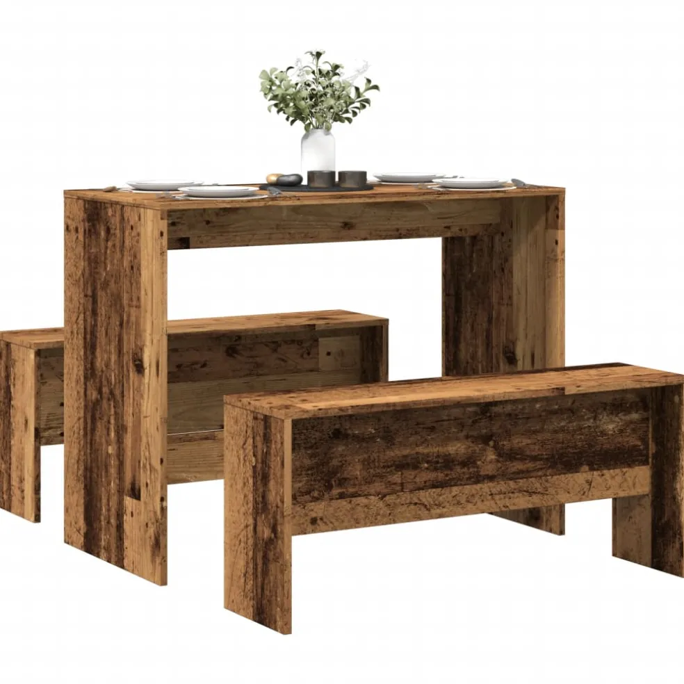 vidaXL 3-delige Eettafel en bankenset bewerkt hout oud houtkleurig