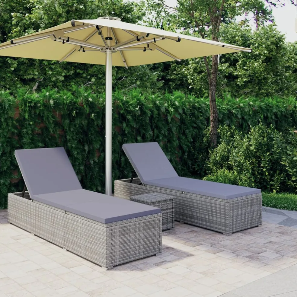 vidaXL 3-delige Ligbeddenset met theetafel poly rattan grijs