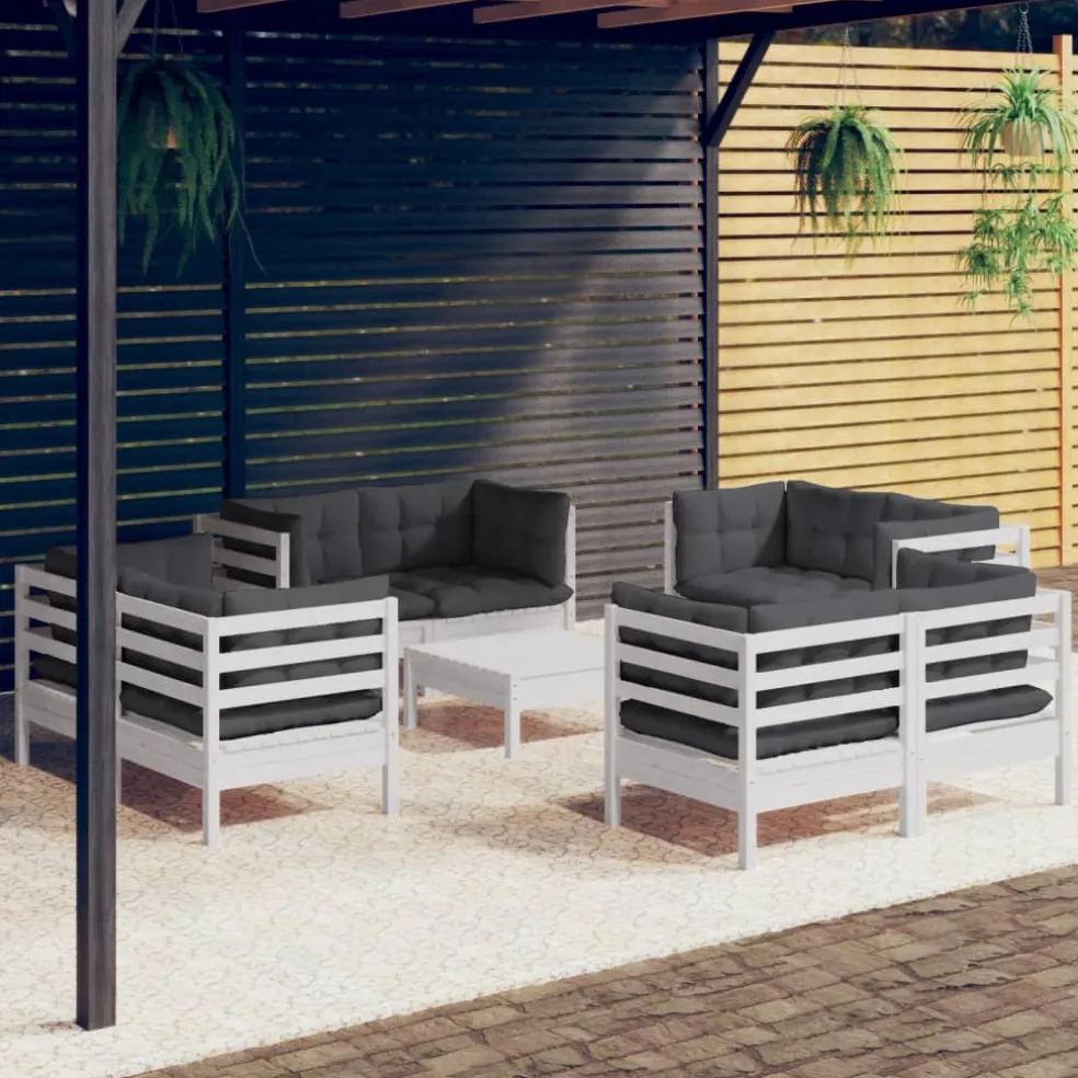 vidaXL 9-delige Loungeset met antracietkleurige kussens grenenhout
