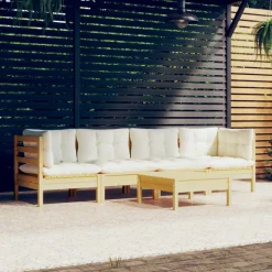 vidaXL 5-delige Loungeset met crèmekleurige kussens massief grenenhout