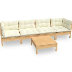 vidaXL 5-delige Loungeset met crèmekleurige kussens massief grenenhout