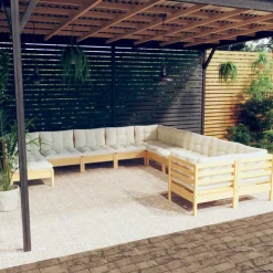 vidaXL 12-delige Loungeset met crèmekleurig kussens grenenhout