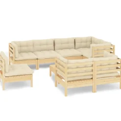 vidaXL 9-delige Loungeset met crèmekleurige kussens massief grenenhout